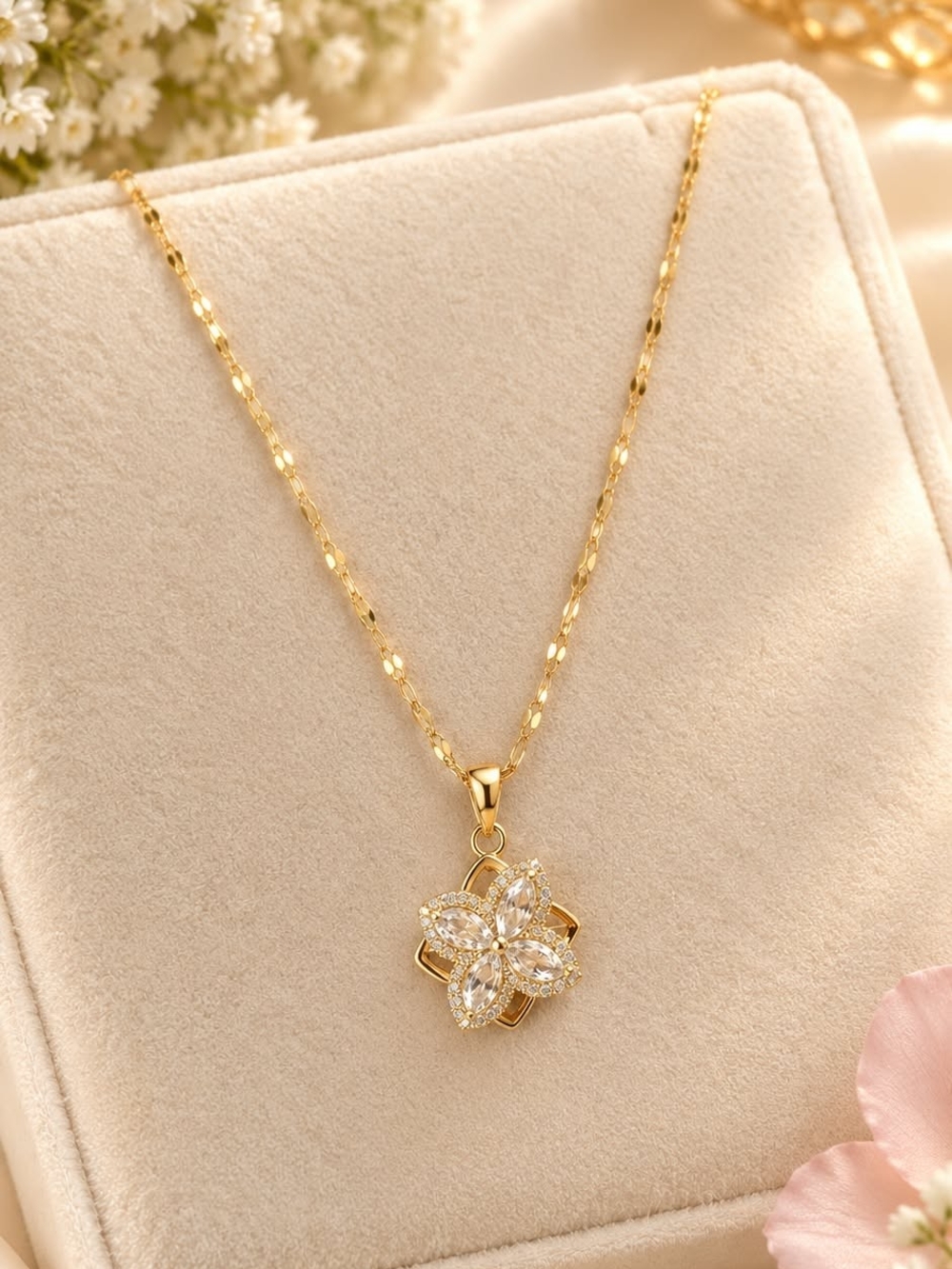 NWT 18K Gold Plated Stainless Steel Waterproof Pendant Necklace Dainty Cubic Zir
